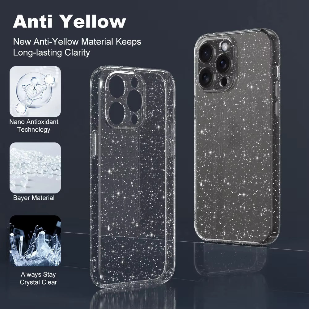 Top Selling Products 2025 TPU+PC Starry Transparent Glitter Phone Case for Iphone 11 12 13 14 15 Por Max Anti-Yellow Cover